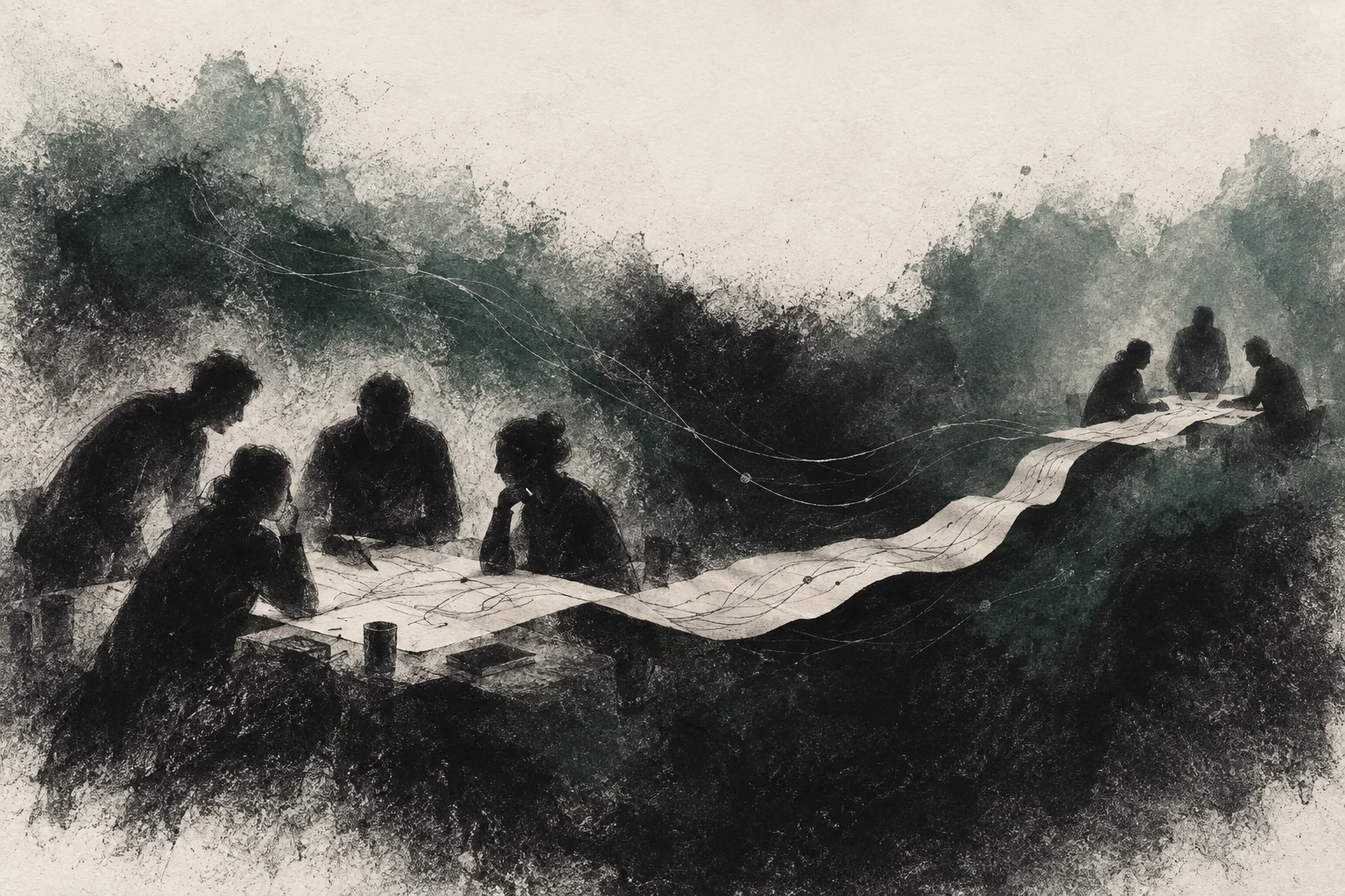 A long table with a flowing map behind it, suggesting collaboration across distance.